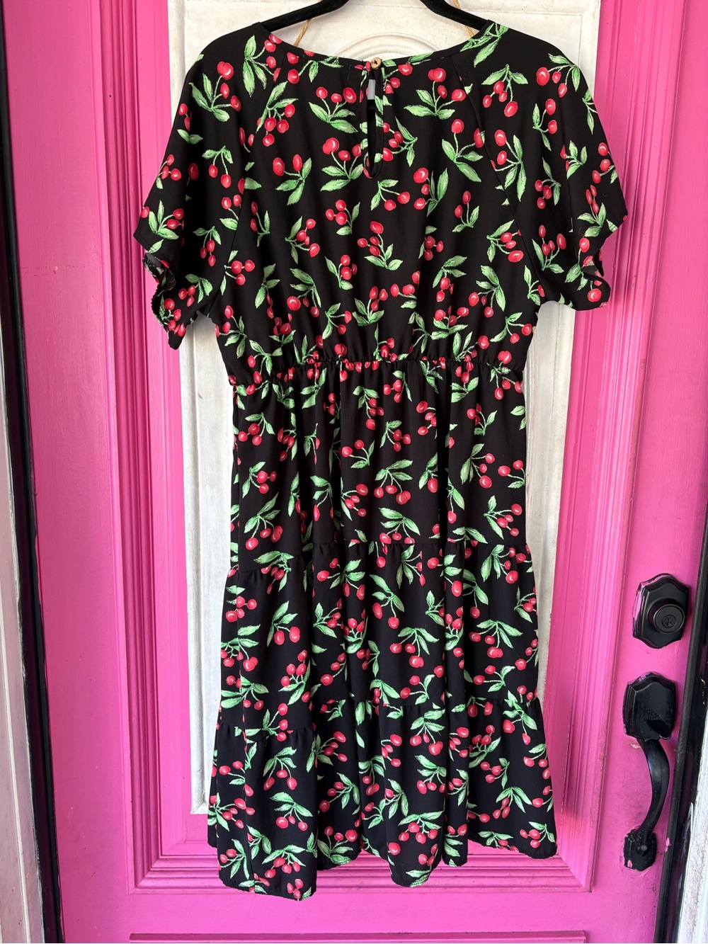 Black Cherry Print pin up vintage retro Midi Dress with Elastic Waist - Picture 7 of 8